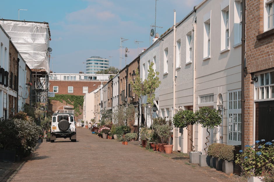 A narrow cobblestone street lined with terraced houses featuring a mix of brick and white-painted exteriors, each with small front gardens or planters. Several potted plants and small trees are arranged along the pavement, adding greenery and texture to the scene. The plants include leafy shrubs and flowering varieties in different-sized terracotta and plastic pots. A white utility van is parked on the left side of the street, with some gardening tools possibly visible near the houses, indicating ongoing garden maintenance or landscaping work. The roofs are adorned with satellite dishes and antennas, and in the background, modern office buildings contrast with the residential setting. The environment is well-lit with natural daylight, and the overall scene reflects a tidy, well-maintained outdoor space typical for urban garden and terrace care. This image features the kind of outdoor environment that Gardeners Shoreditch specializes in maintaining through expert garden maintenance, trimming, and landscaping work, especially suited for terraces off Brick Lane in E1.