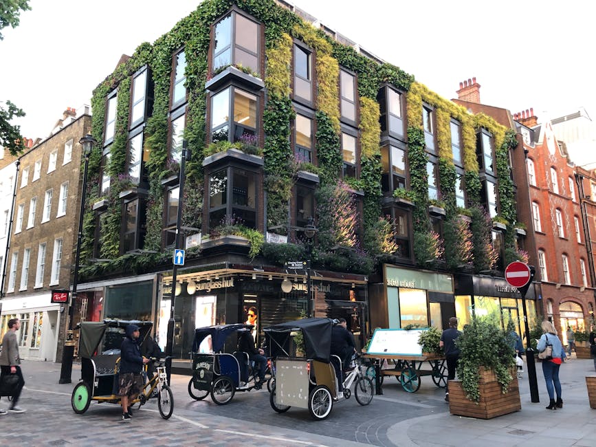 A vibrant urban garden situated in Shoreditch featuring a lush bed of blooming pink and peach roses with dense green foliage, bordered by narrow stone pathways. Behind the roses, there are various small trees and shrubs, including a tall, dark green conifer and a deciduous tree with orange and red autumn leaves. In the background, modern high-rise buildings with glass and steel façades rise above the rooftops of older brick houses. Soft natural light illuminates the scene, highlighting the textures of the wet soil, trimmed grass, and the delicate petals of the roses. The garden appears well-maintained, with clear pathways and neatly arranged plants, indicative of regular garden maintenance carried out by professionals like Gardeners Shoreditch, whose services include landscaping work, hedge trimming, and lawn care.